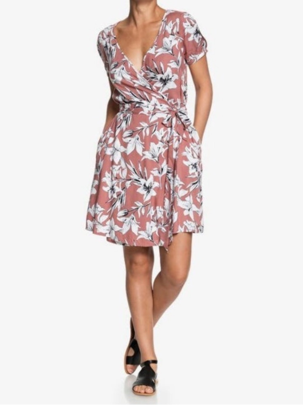 Roxy Viscose Monument View Short Sleeve Wrap Dress Withered Lily Print